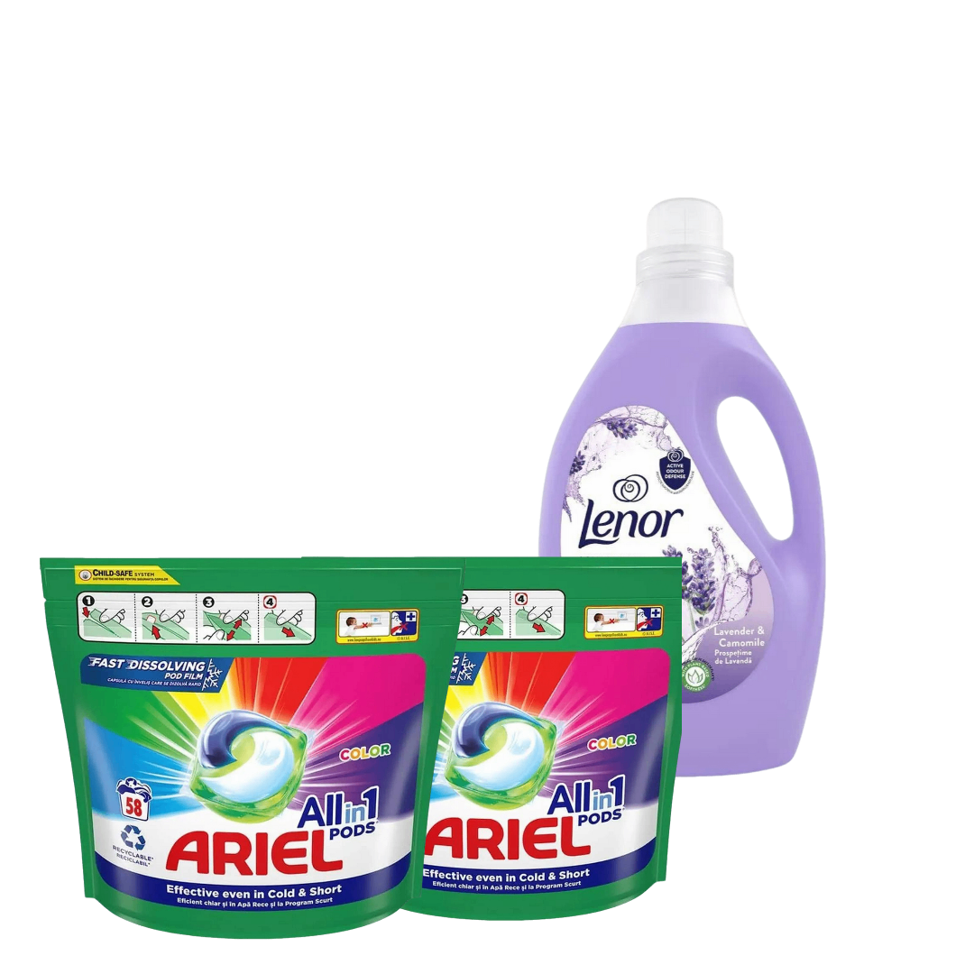 Pachet Spălat Premium – 2x Ariel 58 + Lenor 2.65L