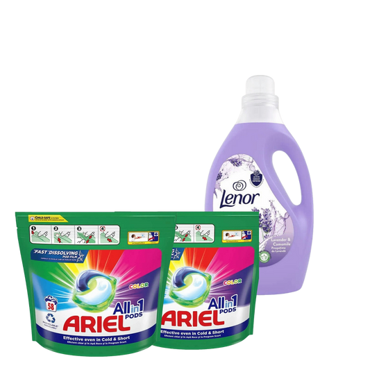 Pachet Spălat Premium – 2x Ariel 58 + Lenor 2.65L