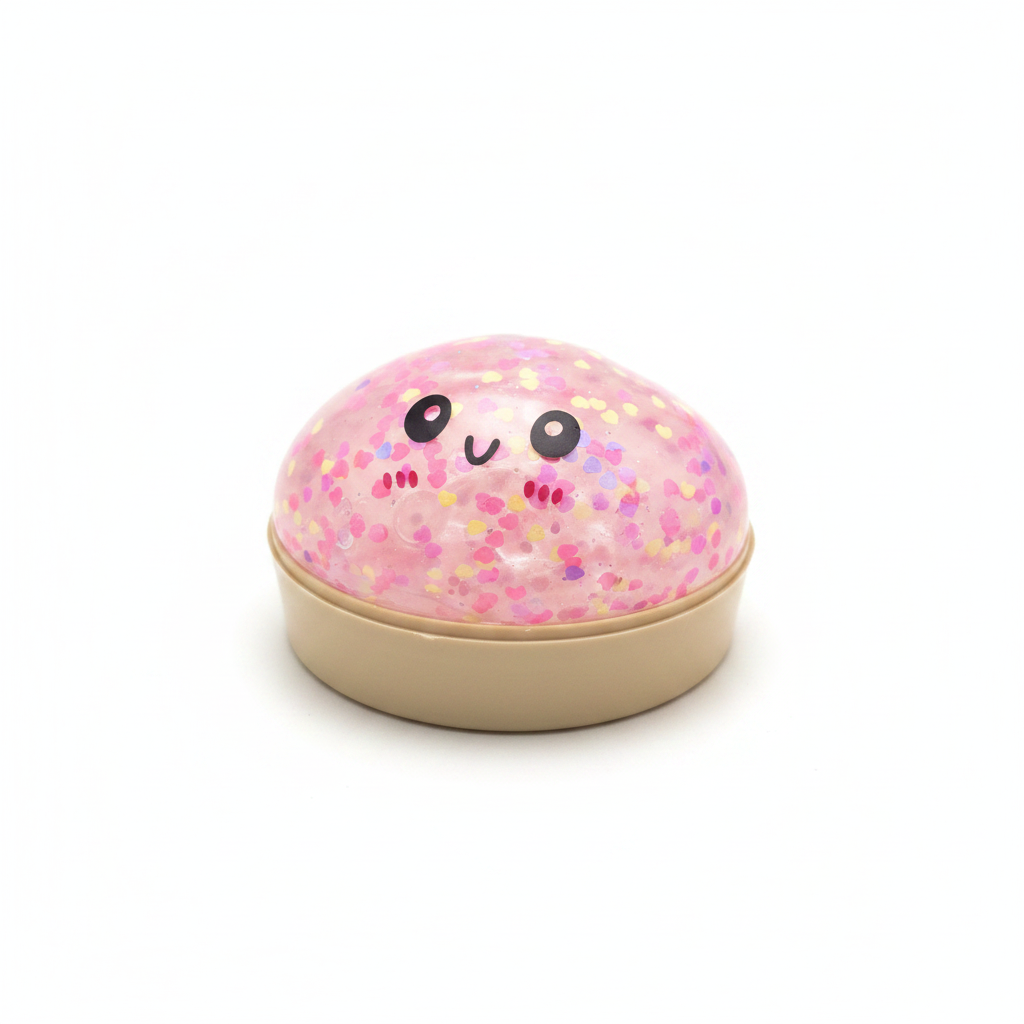 Glob squishy roz cu glitter colorat și față kawaii zâmbitoare