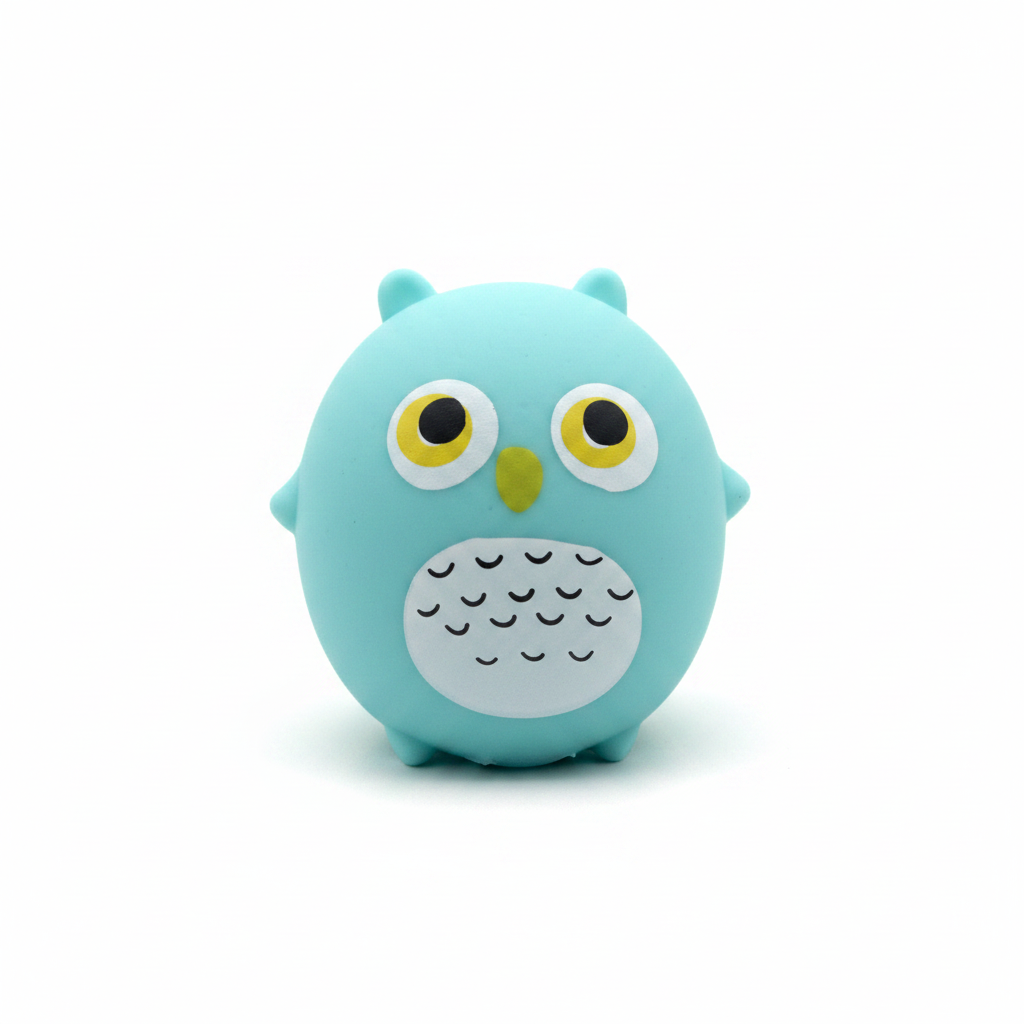 Jucărie squishy bufniță turcoaz kawaii cu ochi galbeni mari și burtică albă