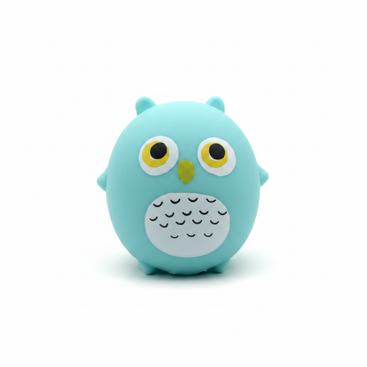 Jucărie squishy bufniță turcoaz kawaii cu ochi galbeni mari și burtică albă