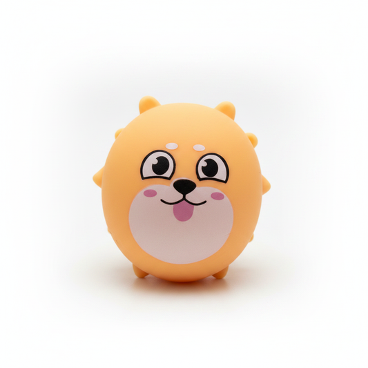 Jucărie squishy câine portocaliu kawaii cu ochi mari și limbă scoasă